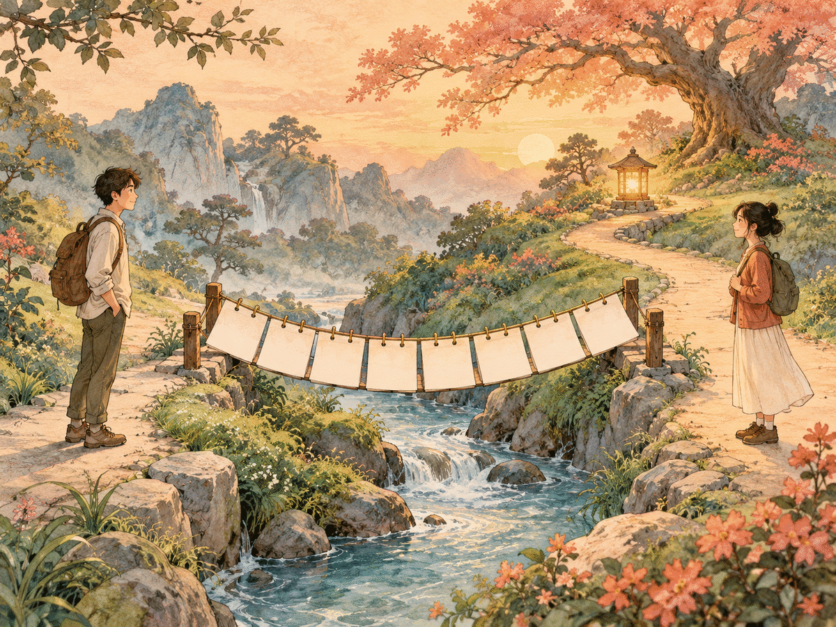 Two friends on separate garden paths connected by a small calendar bridge and a marked meeting point