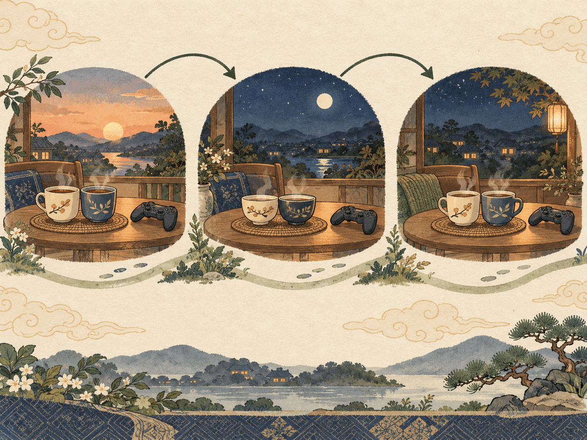 Three evenings show two cups returning to the same table while a game controller rests nearby