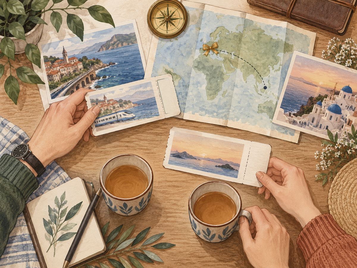 Two people sort a current travel ticket, a ribboned dream destination, and a future return ticket over tea
