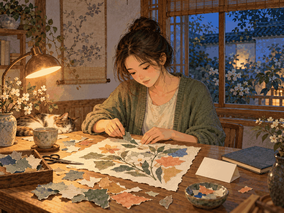 A young adult makes a colorful paper collage beside a folded letter and a closed notebook