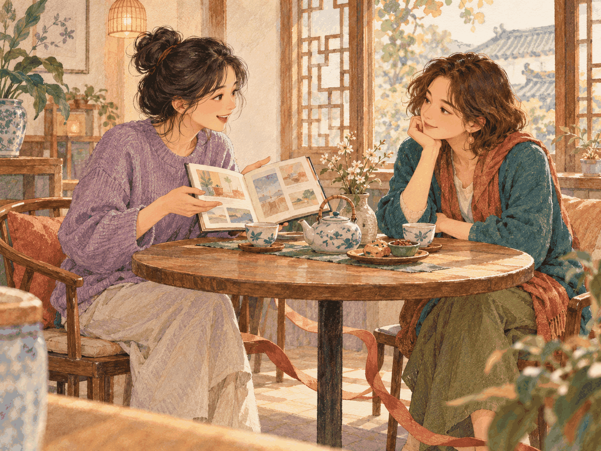 Two friends share tea and a small photo album in a quiet cafe