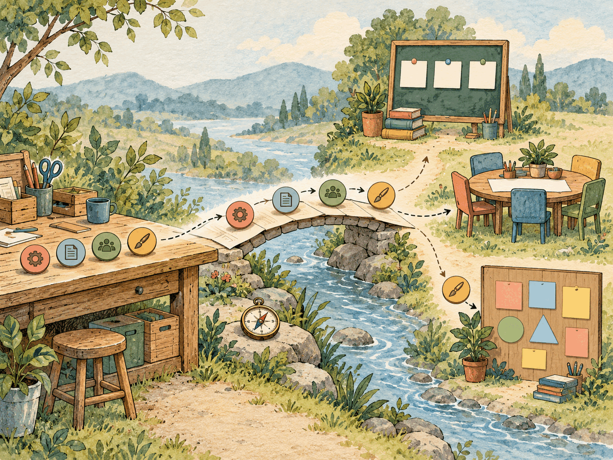 Everyday task symbols crossing a bridge toward several neighboring career settings