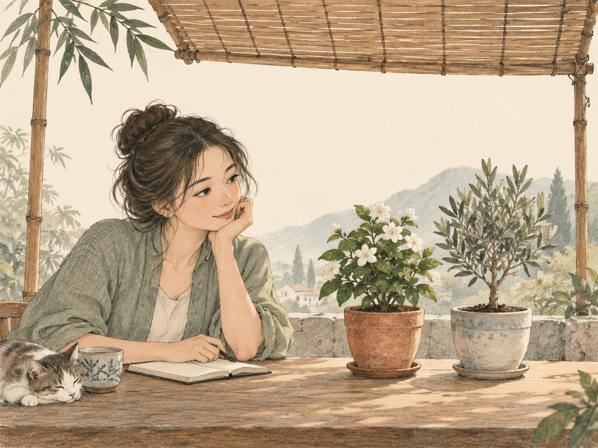 A woman reflects beside two plants growing in separate pots under shared bamboo shade