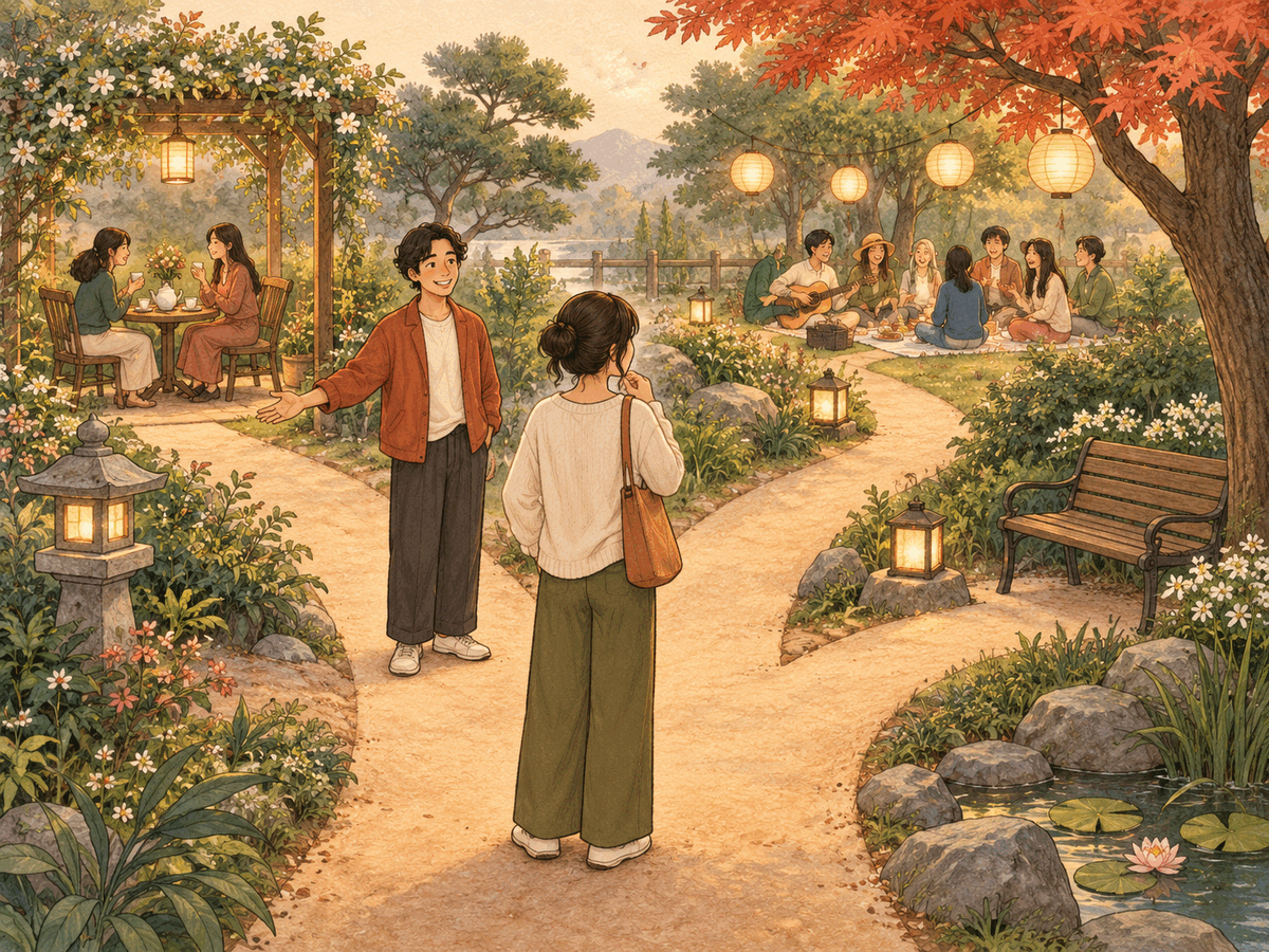 A person pauses where garden paths lead toward tea for two, a group picnic, and a quiet bench