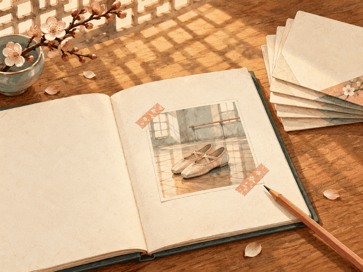 A scrapbook frames one dance-shoe scene while other cards stay stacked and closed.