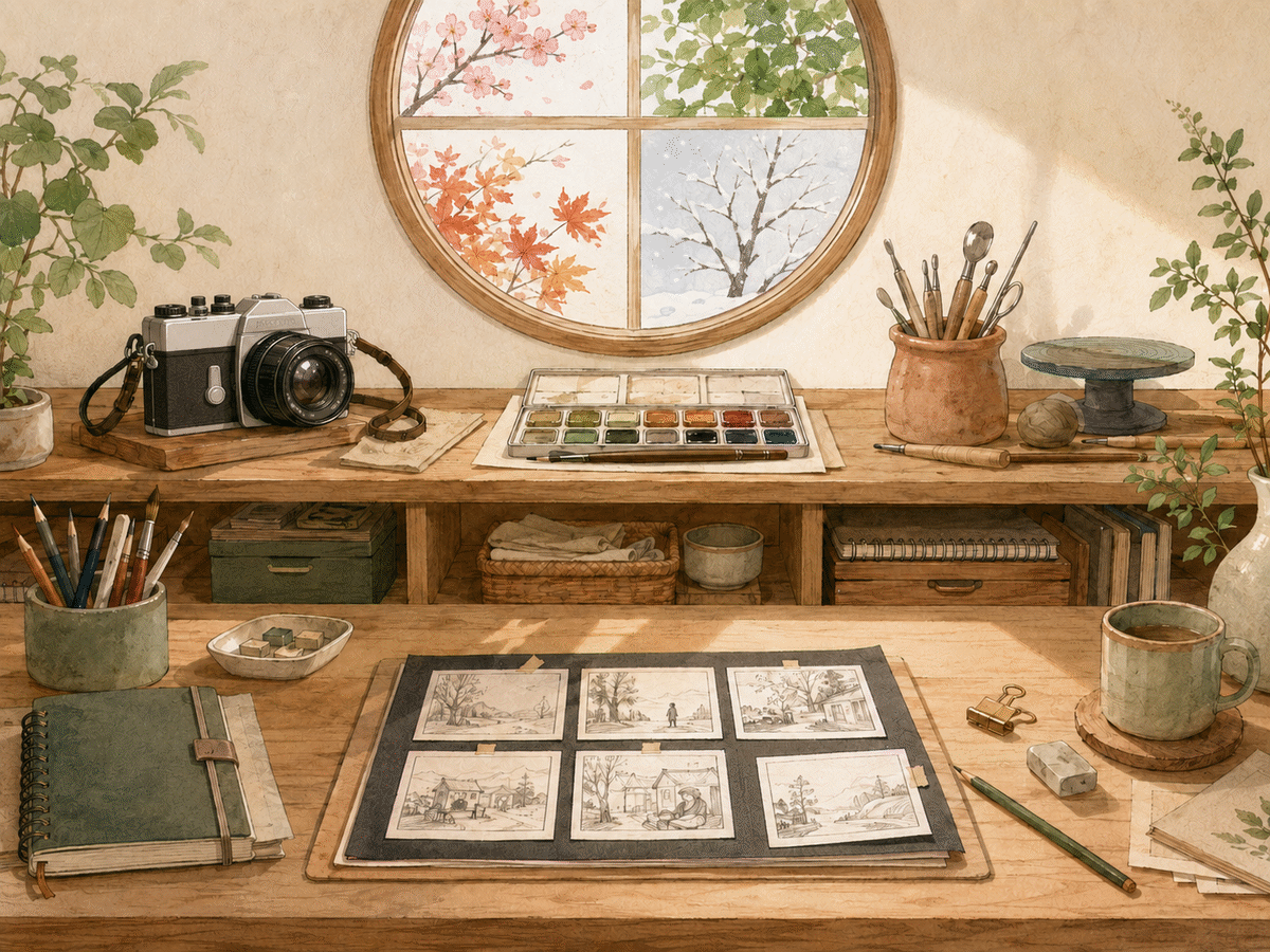 One creative tool active on a sunlit worktable while other tools rest safely on a shelf