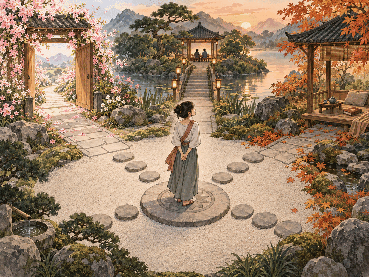 A calm dater stands at the center of seasonal garden paths for action, focus, and rest