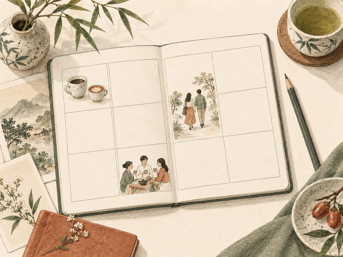 A paper planner uses small drawings to show friendship time, couple time, and a short shared meeting