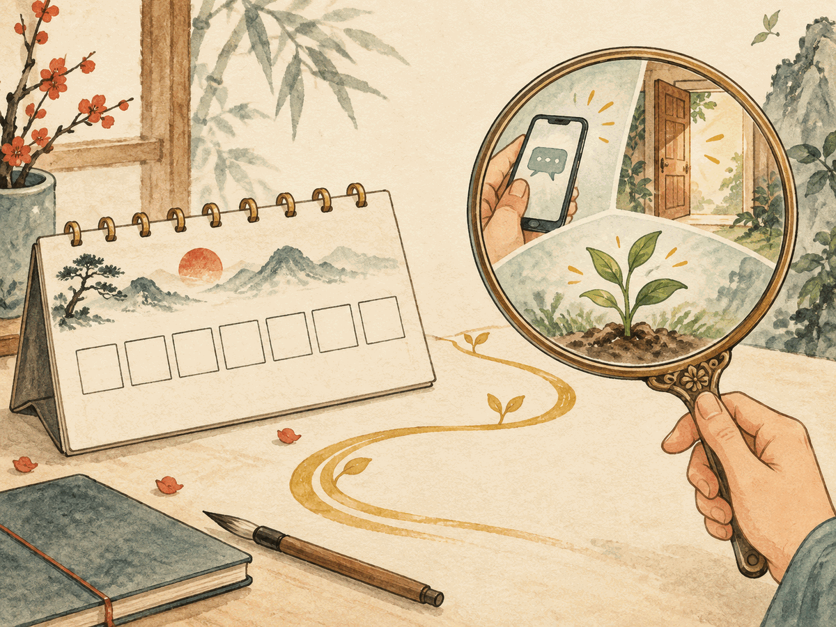 A seven-day calendar and mirror reflect a returned message, an open door, and a growing plant