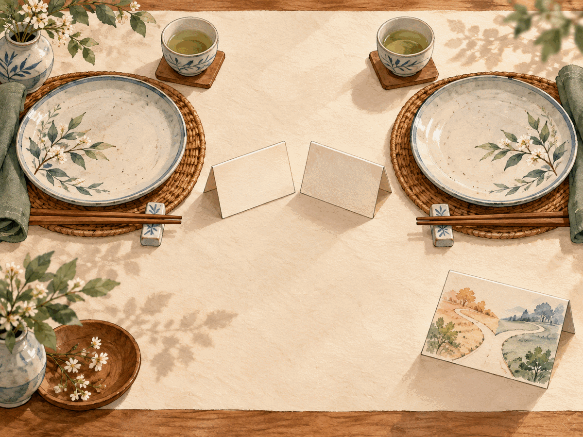 Two matching place settings and blank folded cards meet at the center of a calm table while a branching path card stays aside