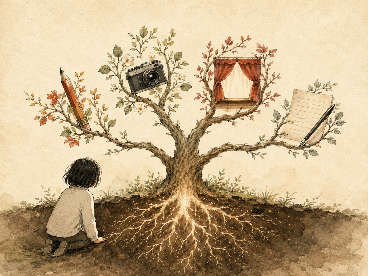 Different creative branches growing from the same strong root beneath the soil