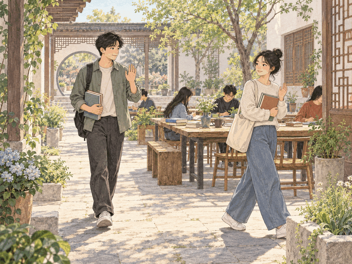 Two people moving calmly through the same shared space with respectful distance