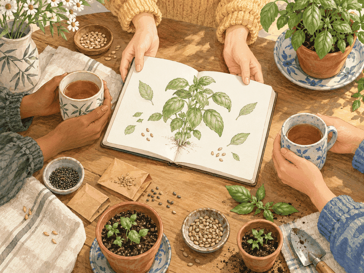 A shared basil drawing is turned toward friends around a seed-swap table