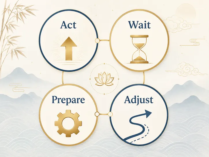 Decision posture framework: Act, Wait, Prepare, Adjust with simple icons representing forward movement, patience, preparation, and reframing.