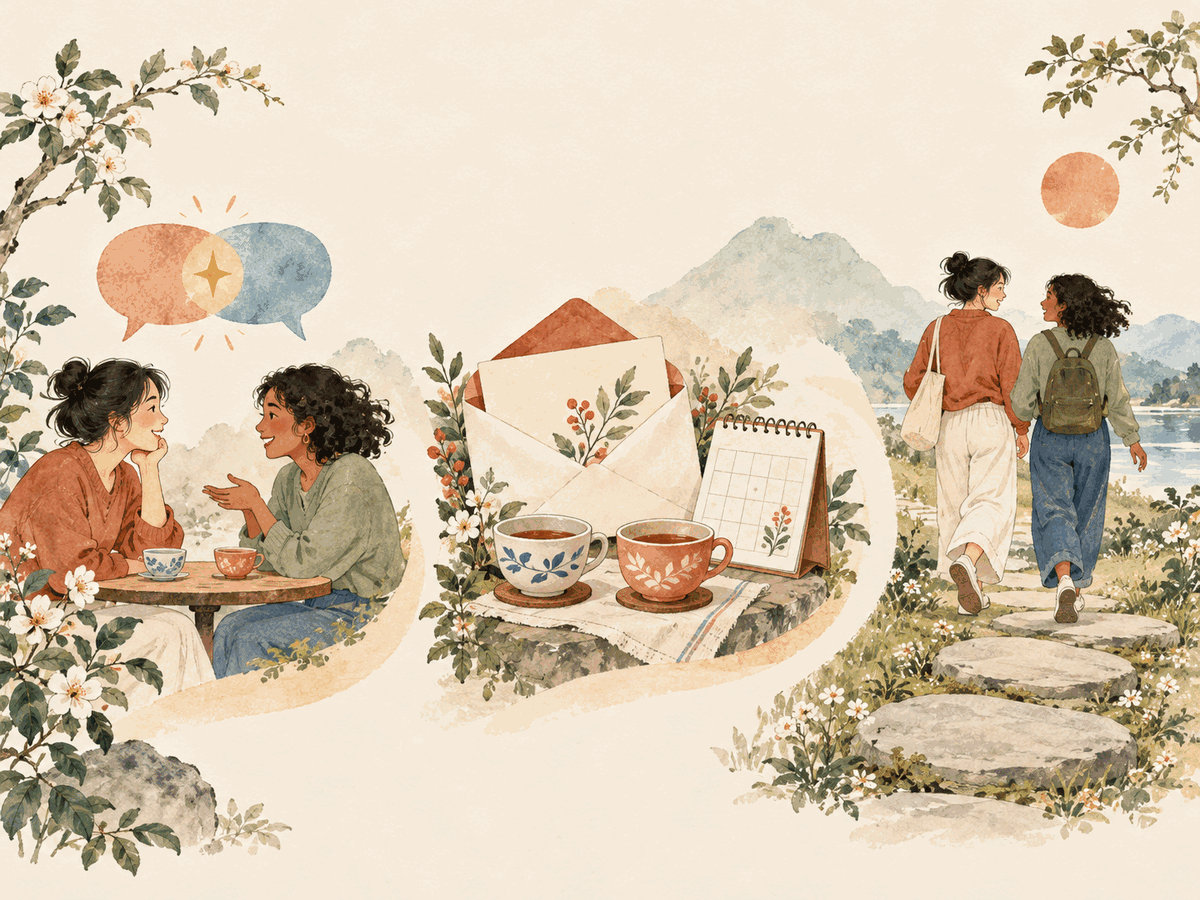Three illustrated stages show shared interest, a simple invitation, and repeated time together