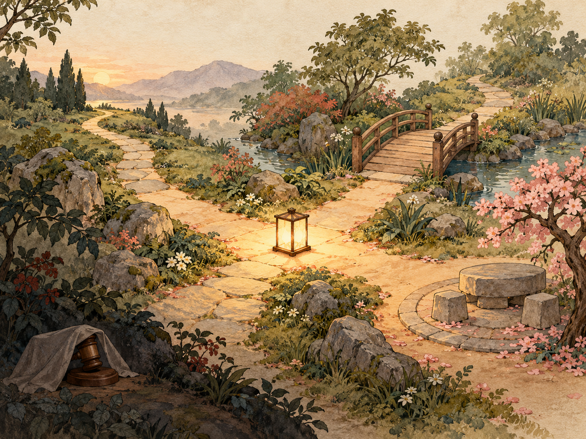 A small lantern illuminating several paths while a sealed judge's gavel stays outside the scene