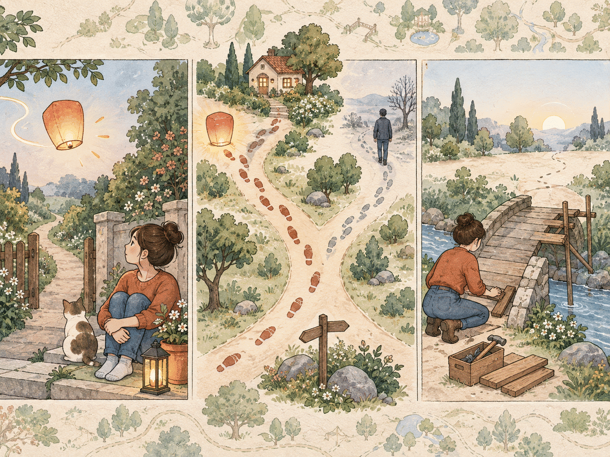 Three-panel watercolor showing an indirect lantern signal, separate paths, and a bridge awaiting repair