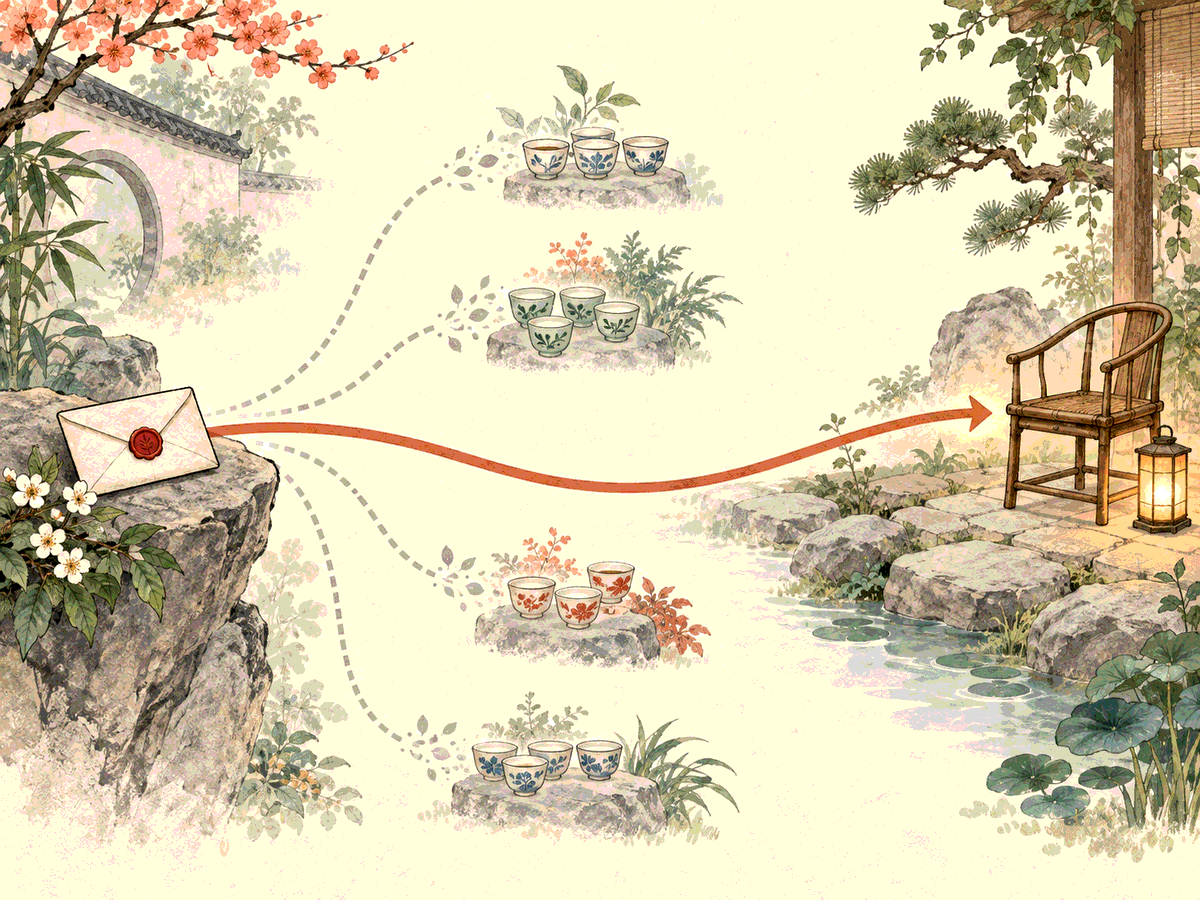 One direct path carries a sealed message to a single recipient while gossip paths fade away