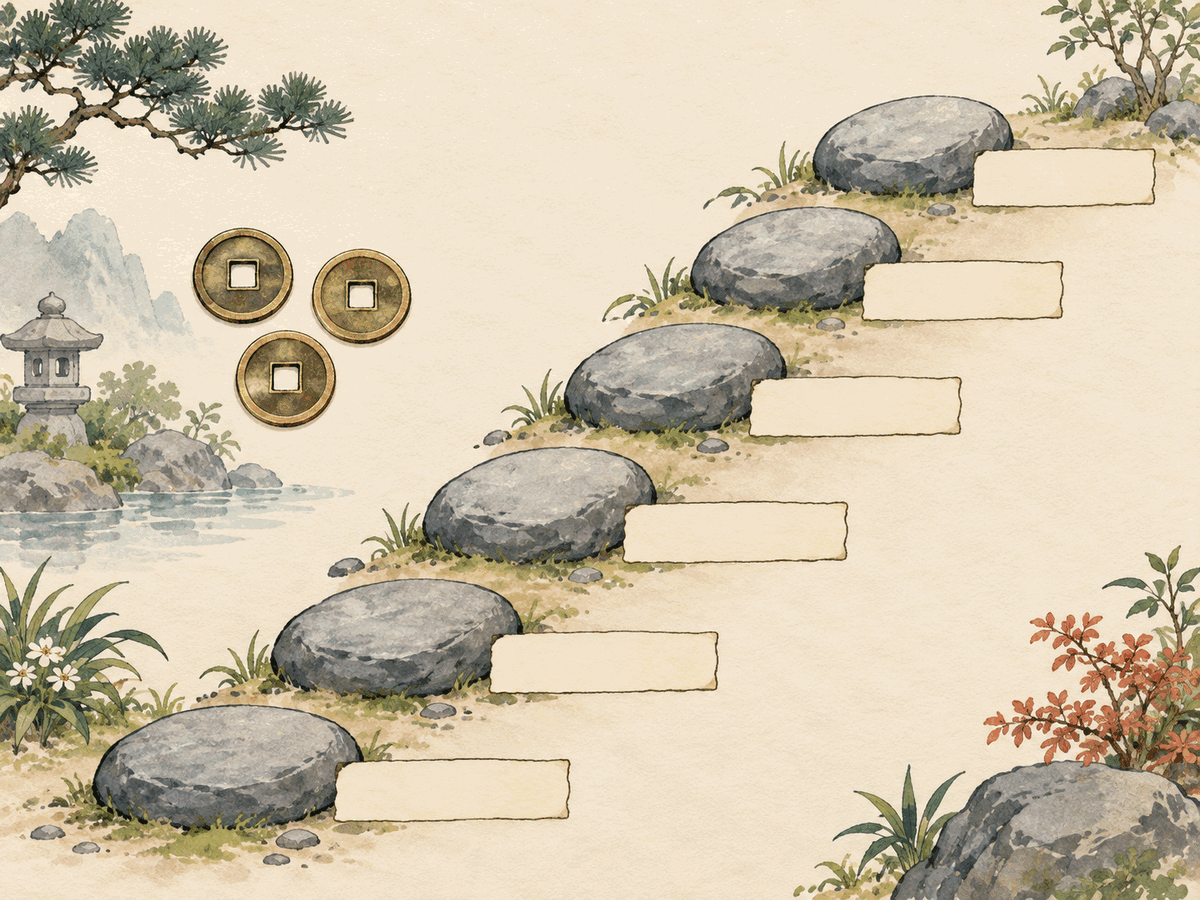 Three traditional coins beside six stepping stones and six blank line markers rising upward