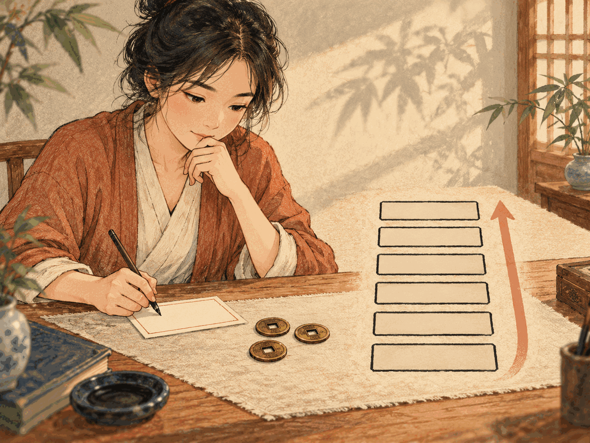 A focused question card beside three coins and six correctly stacked line spaces rising from the bottom