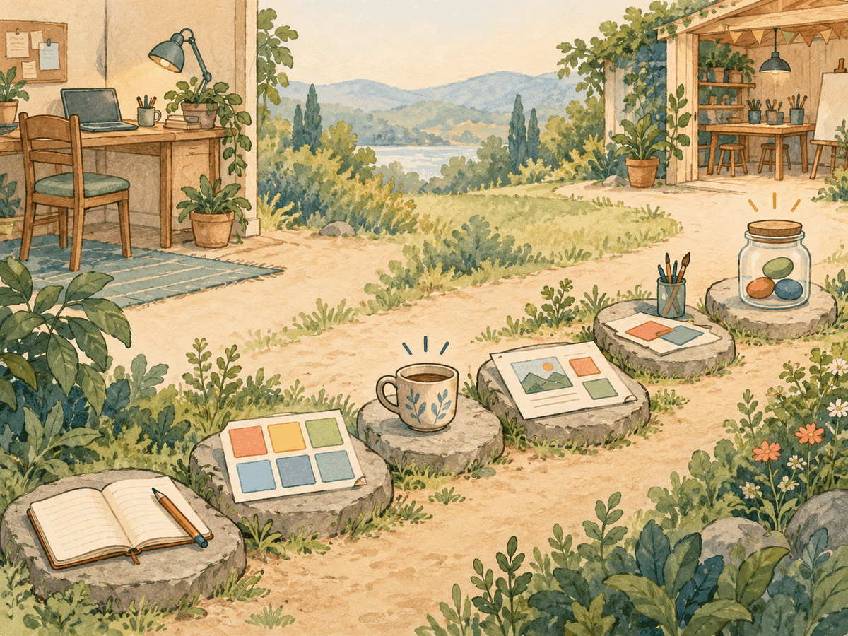 Six stepping stones leading from a familiar desk toward a small practical career experiment