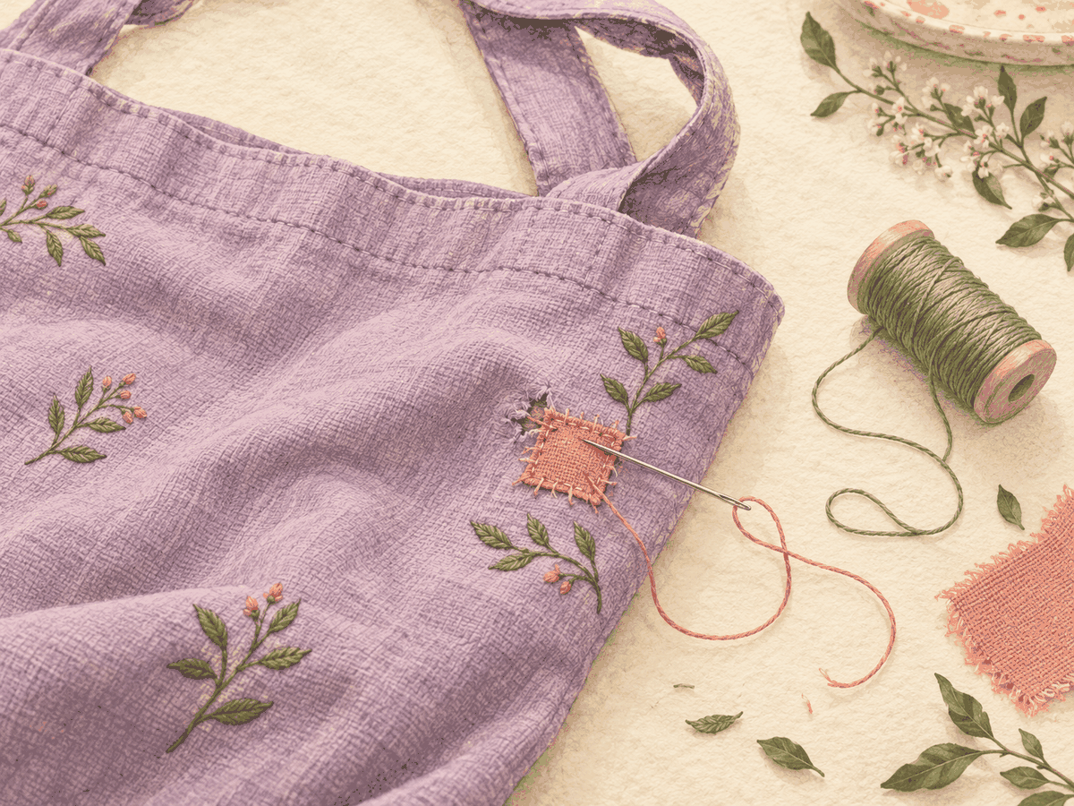 A small coral patch repairs one snag in a lavender tote bag.