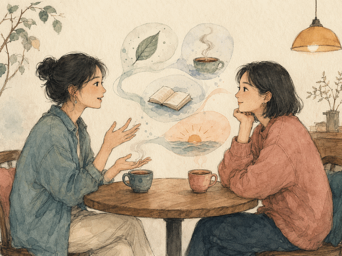 Two friends connecting over small everyday stories in a warm café