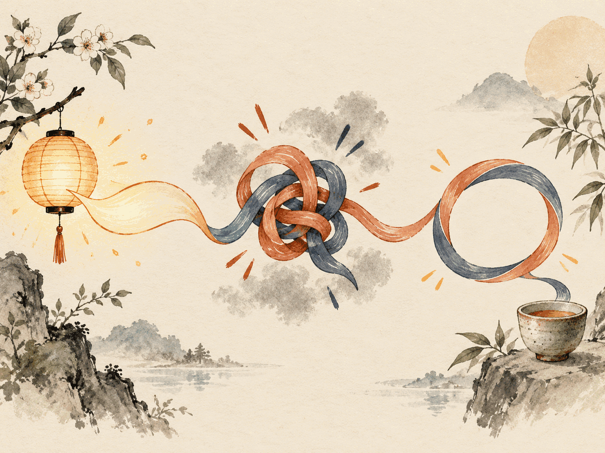 A glowing lantern ribbon becomes a tight knot and then loosens into a repaired loop