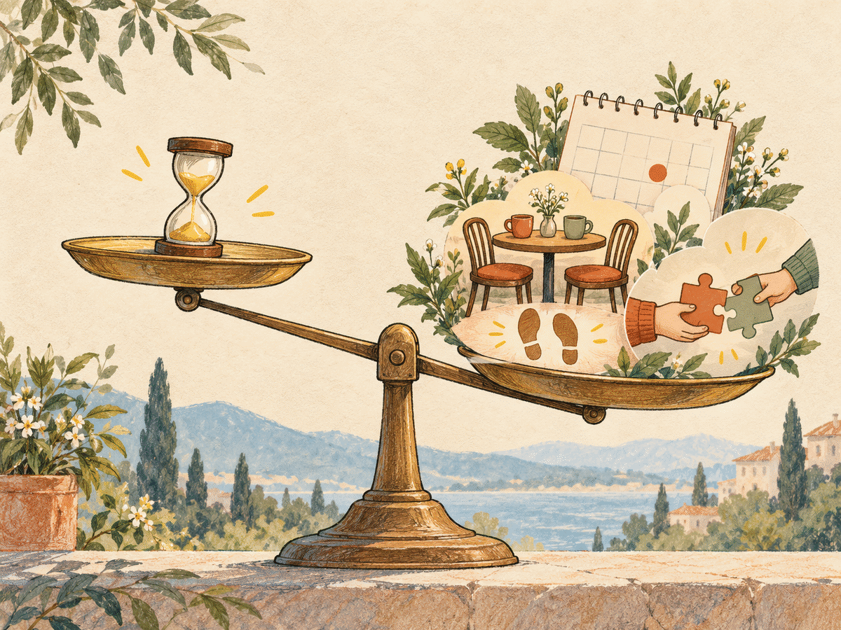 An hourglass balanced against a kept plan, meeting place, and two halves of a shared effort