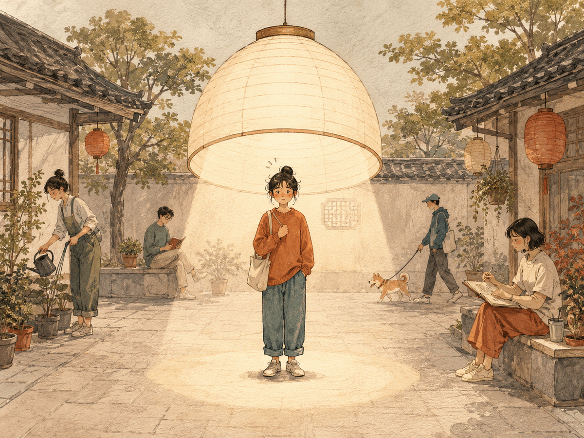 A person stands under a fading paper-lantern spotlight while everyone nearby continues with ordinary activities