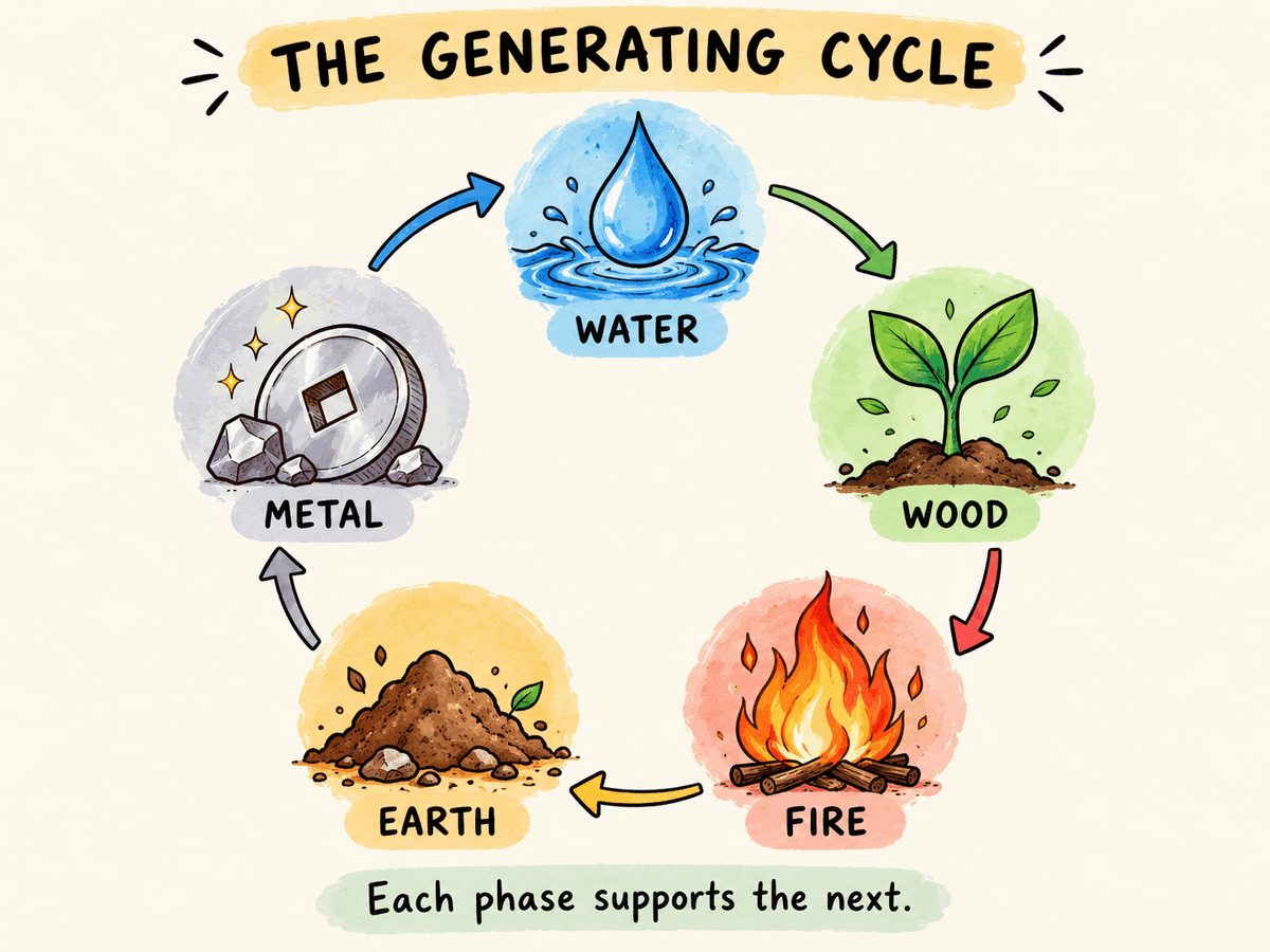 Diagram of the Wu Xing generating cycle from Water to Wood, Fire, Earth, Metal and back to Water