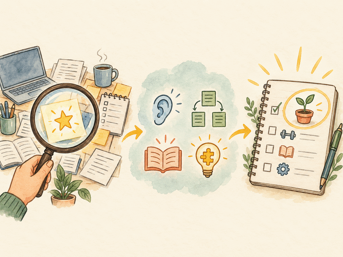 A visual sequence moving from noticing an energizing work moment to identifying skills and testing an experiment