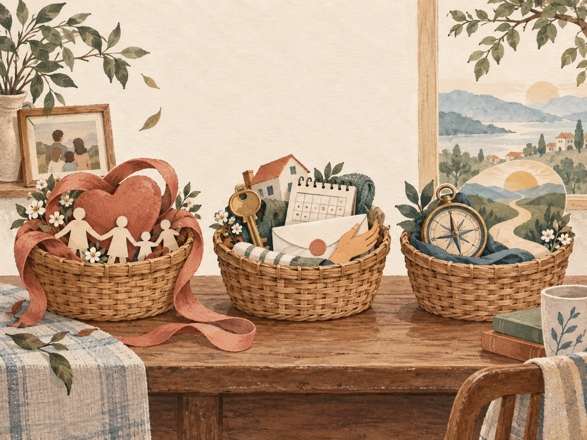 Three hand-drawn baskets representing care, real responsibilities, and personal choice