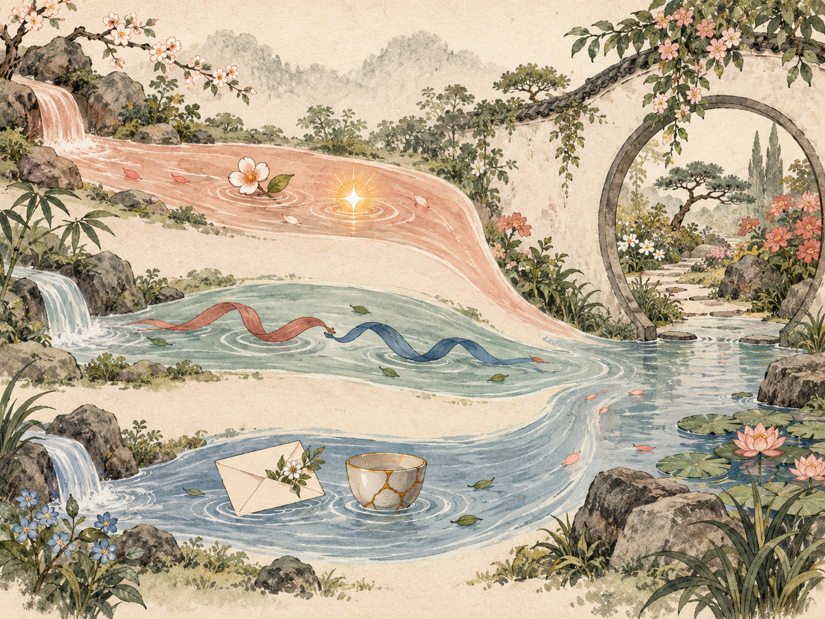 Three watercolor streams carrying symbols of warmth, initiated closeness, and honest repair toward one garden