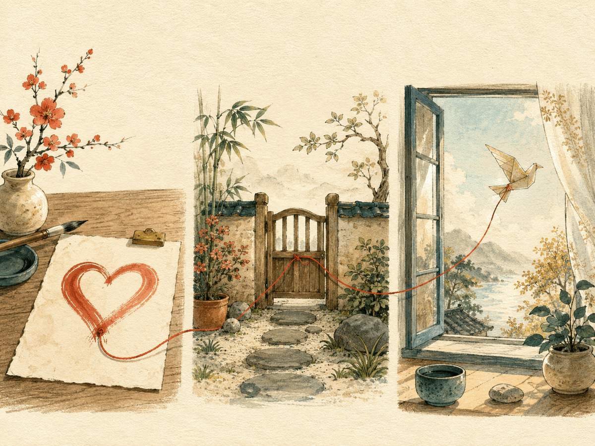 A painted heart, a garden gate, and an open window form three linked checks for sharing honestly and safely