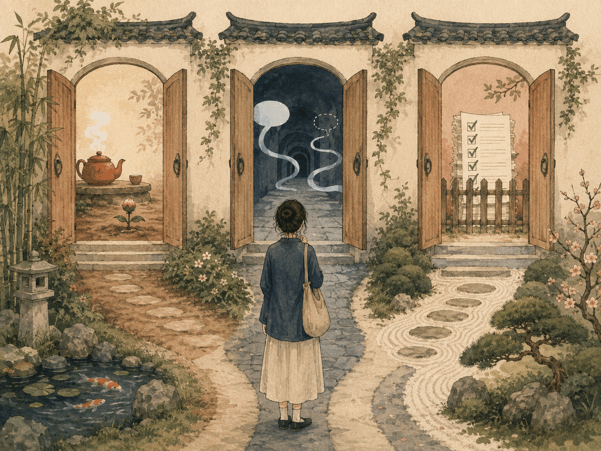 A woman considers three garden doorways representing warming connection, empty conversation, and checklist pressure