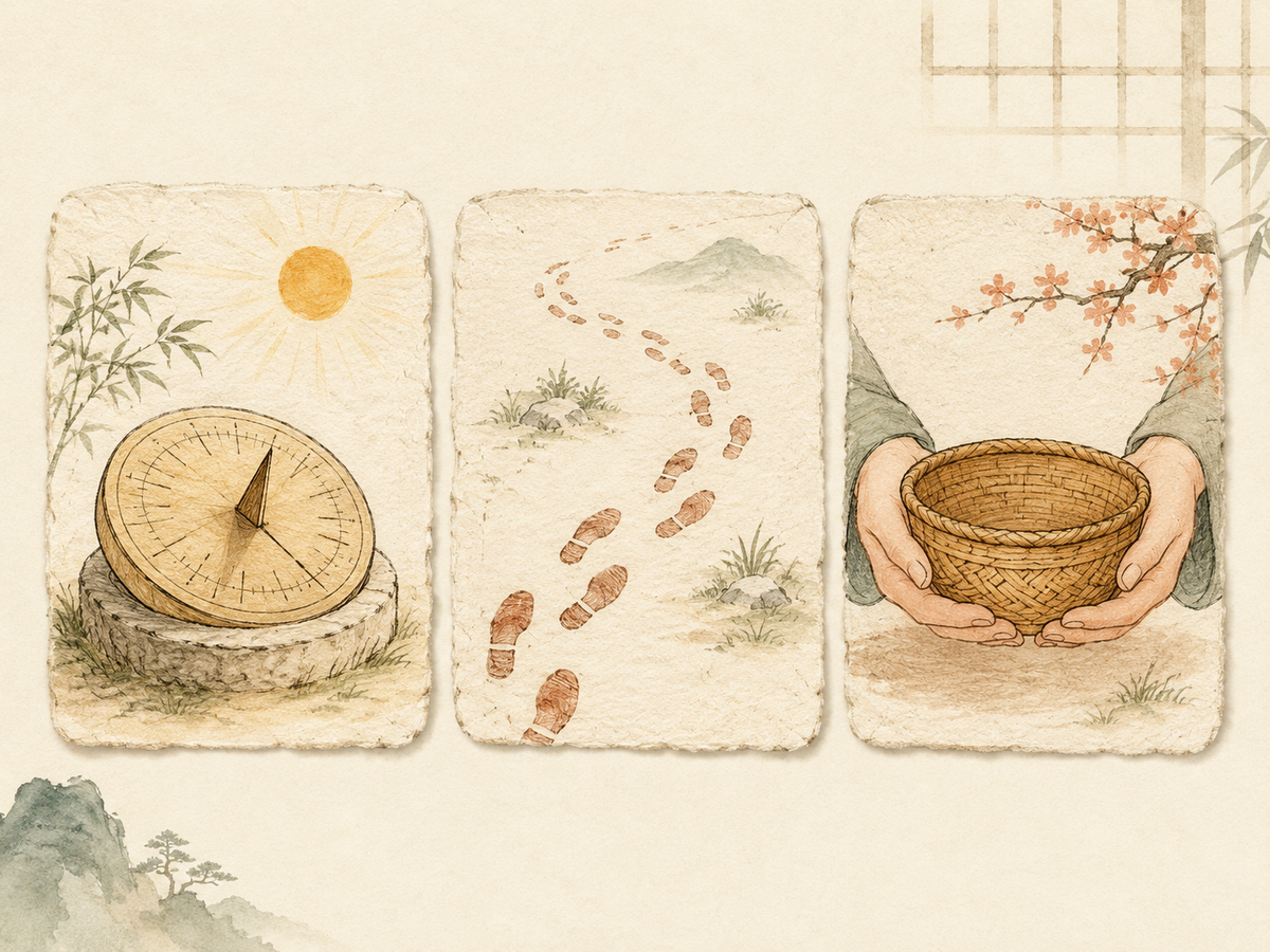 Three illustrated paper panels showing time, repeated footprints, and a carefully held basket
