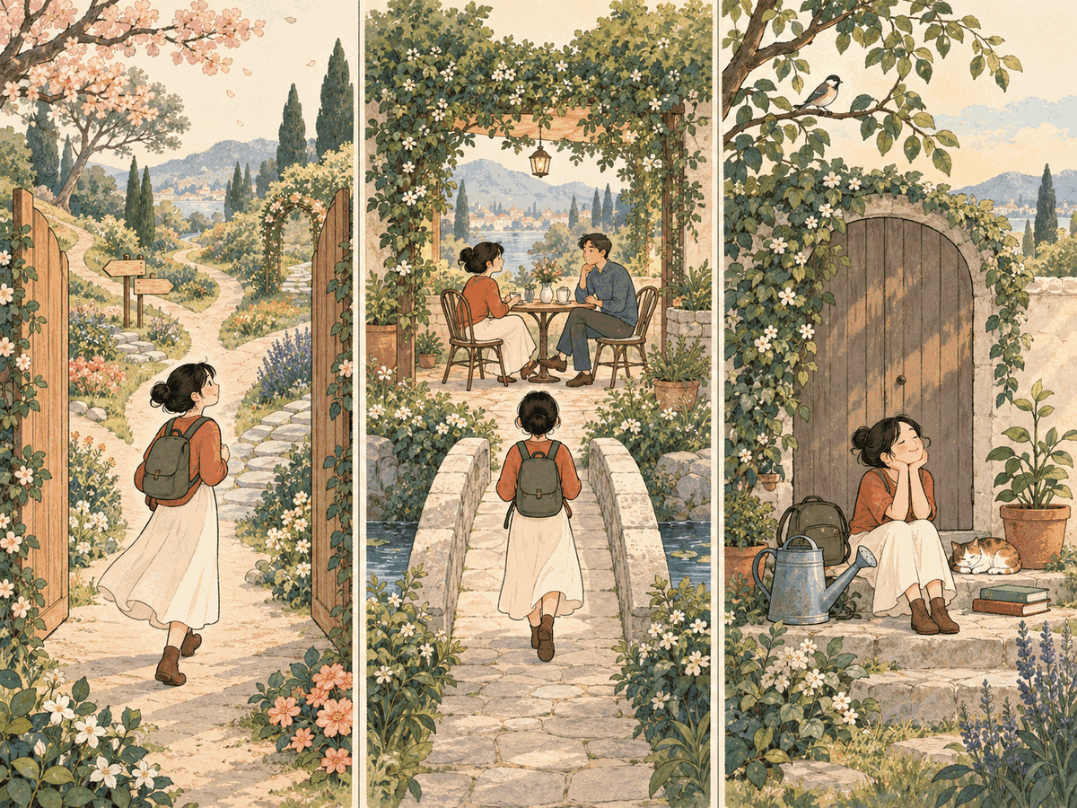 Three garden thresholds show open exploration, one focused meeting, and restorative rest