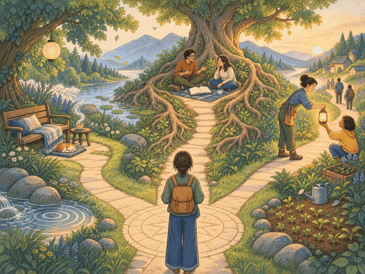 Three garden paths represent recovery, deeper connection, and contribution after achievement