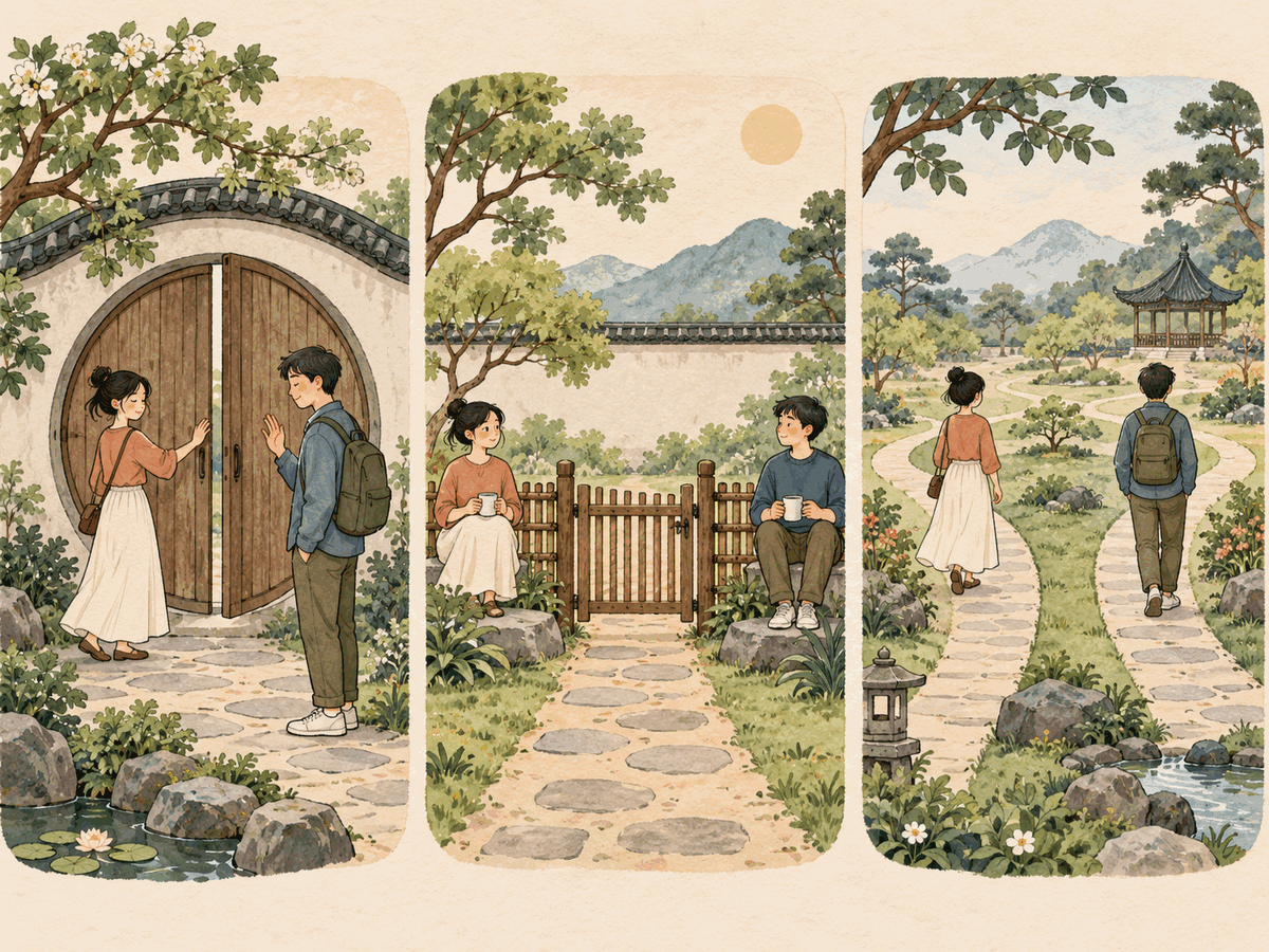 Three illustrated stages showing closure, a clear boundary, and two calm parallel paths