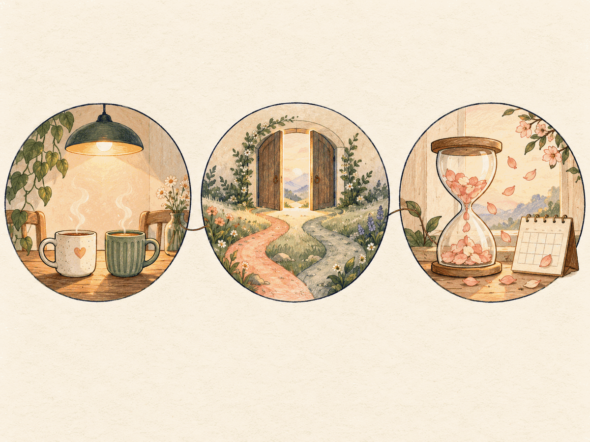 Three hand-drawn circles showing present warmth, diverging future paths, and the cost of time