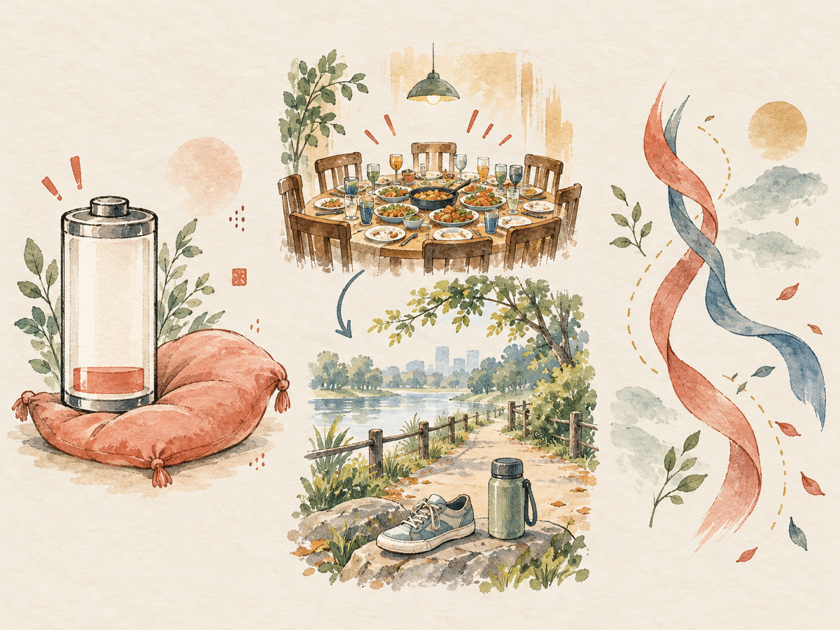 A low battery, a crowded meal changing into a quiet walk, and two ribbons separating to show three reasons for cancelling