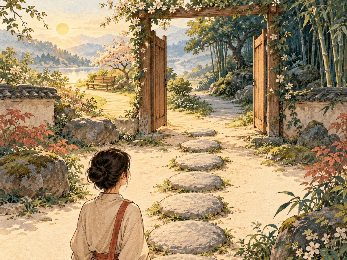 Six stepping stones rise toward an open garden gate and two calm paths