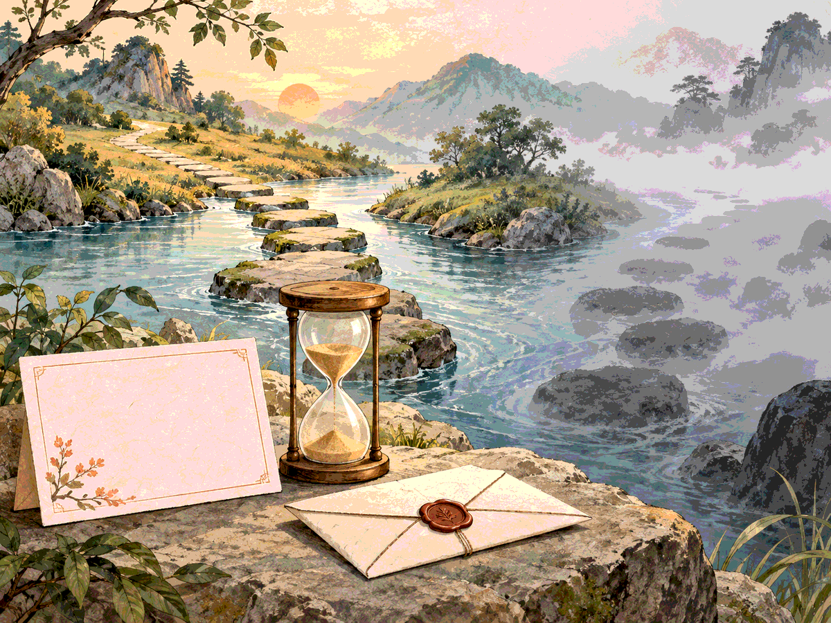 A blank question card, a small hourglass, and a sealed envelope rest on a calm paper landscape