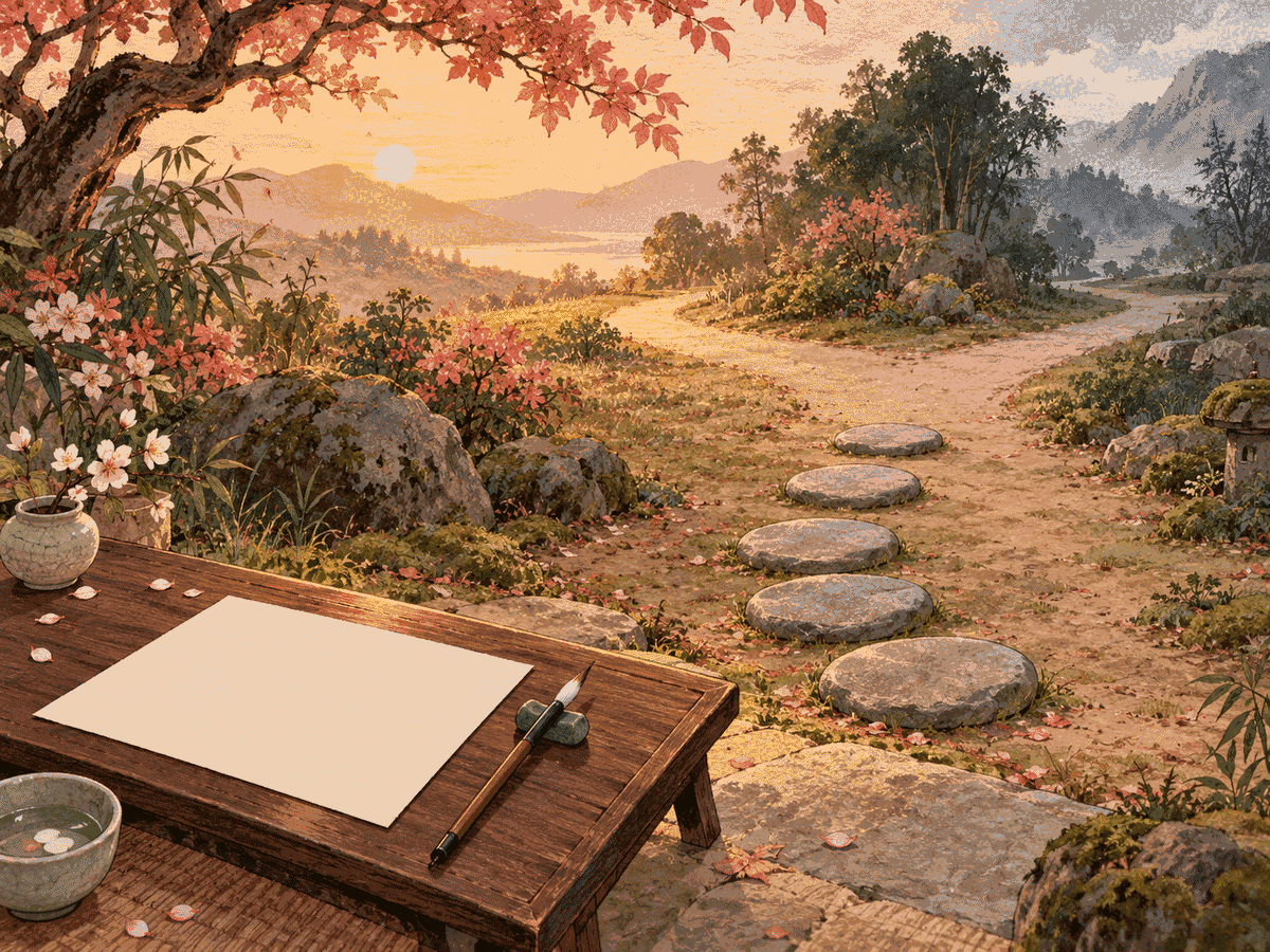 A focused question card beside stepping stones leading toward a clear fork in the path