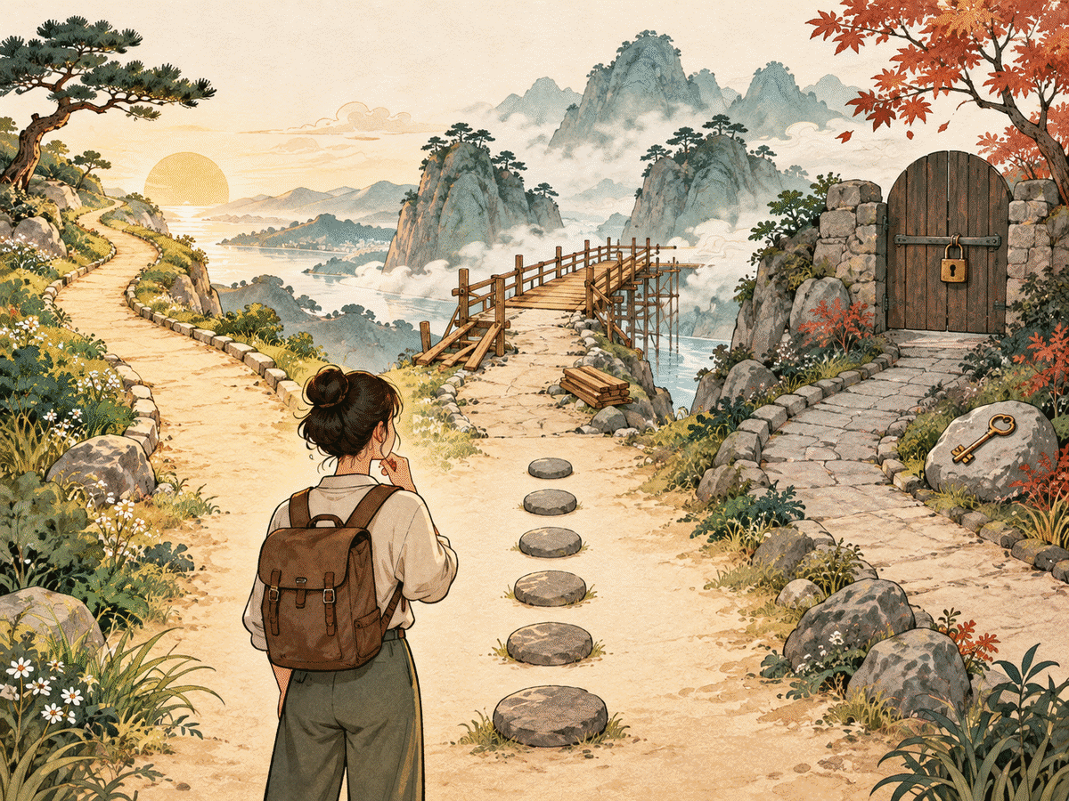 A calm traveler comparing three paths marked by symbols for now, transition, and one condition