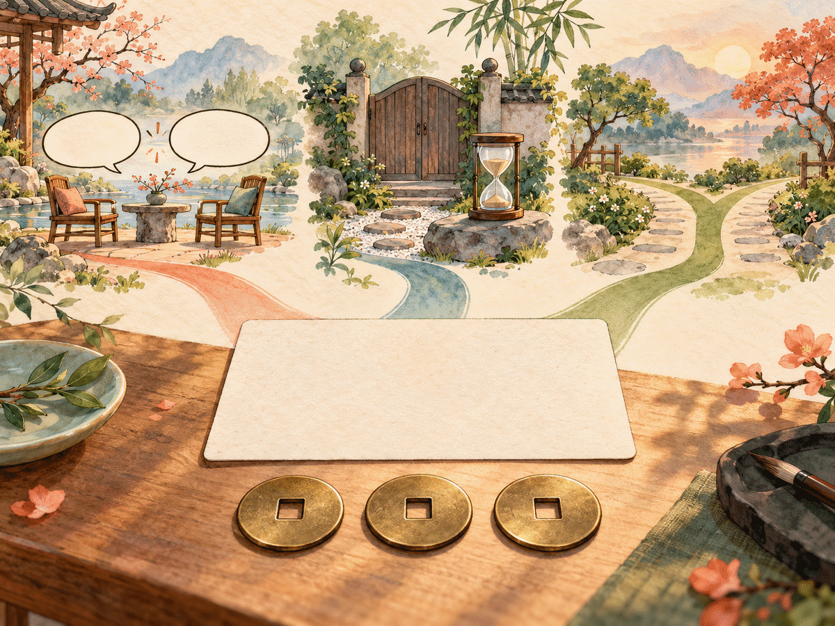 A focused question card beside three coins, a clock, and two open speech bubbles
