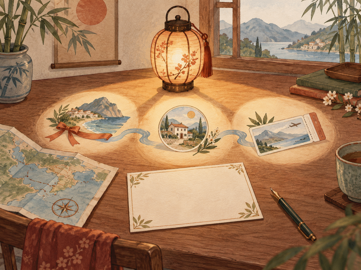 A lantern illuminates a blank question card and three travel choices connected across a calm table