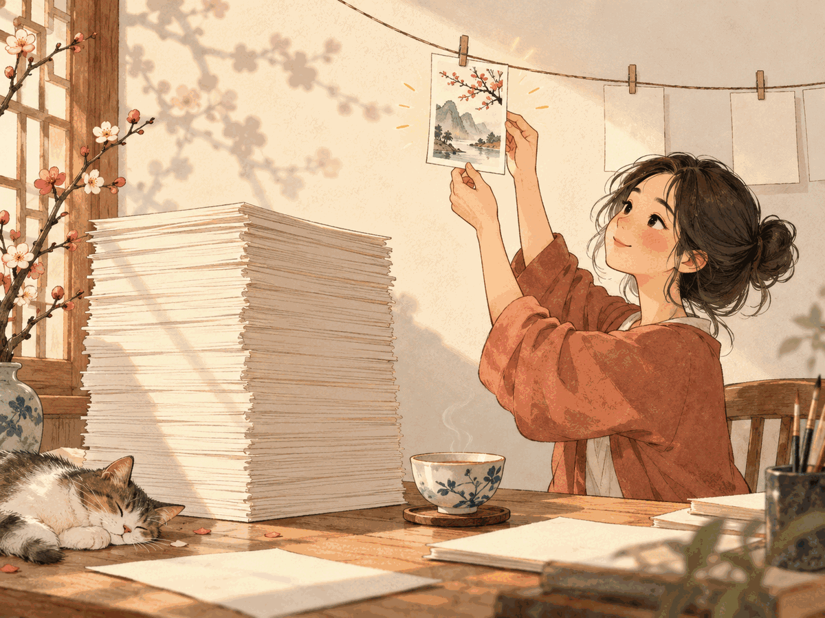 A tiny completed creative task glowing softly beside a much larger unfinished project