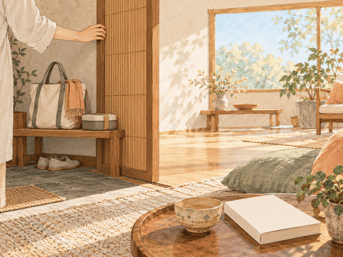 A prepared tote rests by an entryway as a hand closes a bamboo panel beside a welcoming room